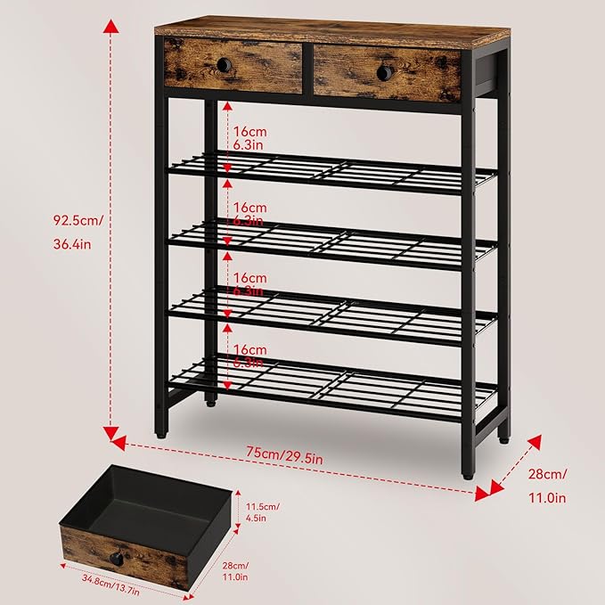 IBUYKE 5 Tier Shoe Rack, Metal Shoe Storage Organizer for 12-16 Pairs of Shoes, Modern Shoe Stand with 2 Drawers,Metal Shelf for Entryway Closet Bedroom, Rustic Brown TXJ041H