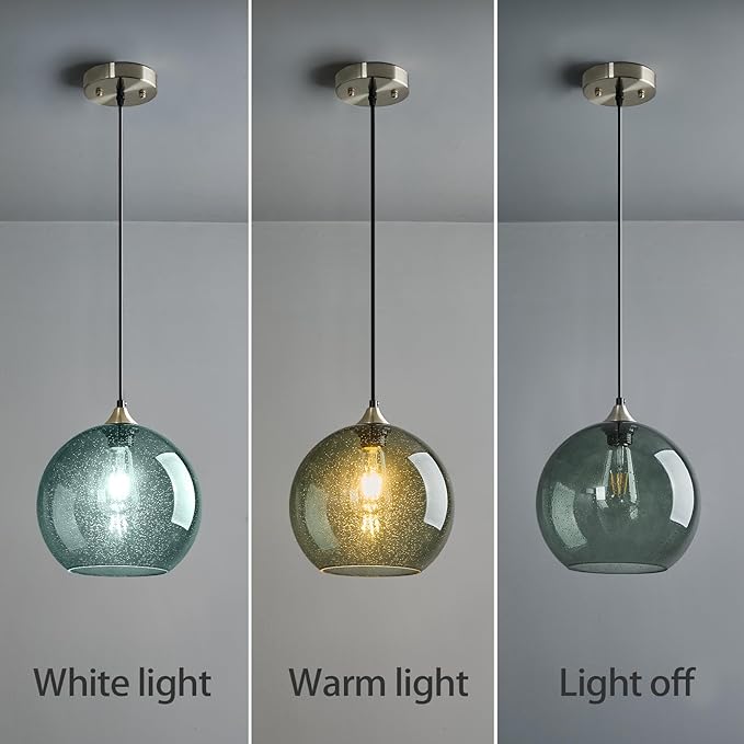 Gray Green Glass Pendant Lights Kitchen Island Lighting Globe Pendant Light Fixtures Modern Pendant Lighting for Kitchen Island Bedroom Living Dining Room Light Fixture(9.84in, 3-Pack)