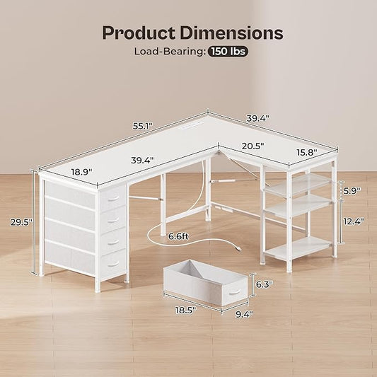 Huuger 55 Inch L Shaped Desk with Fabric Drawers, Reversible Computer Gaming Desk with Power Outlets and USB-C Port, Adjustable Side Storage Shelves, for Work Study Corner Home Office, White