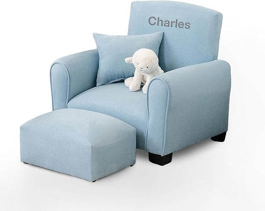Toddler Personalized Chair, Kids Upholstered Rocking Chair with Personalization, Toddler Armchair with Personalized Name, Comfy Child Armchair, (Light Blue Suede, Legs)