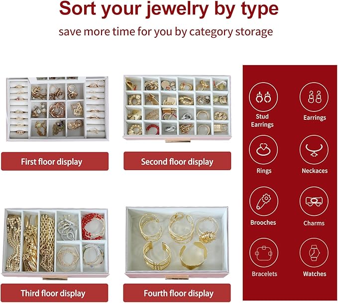 BOOVO Jewelry Boxes for Women, White and Black 4 Layer Large Jewelry Box for Necklace, Bracelet, Earrings, Rings Storage, Jewelry holder Organizer for Girls Gift (Rose gold, 4 layer)