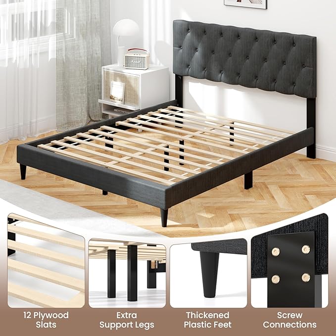 Giantex Queen Platform Bed Frame, Modern Upholstered Bed Frame with Diamond Tufting Headboard, Wooden Slats Support, No Box Spring Needed, Gray