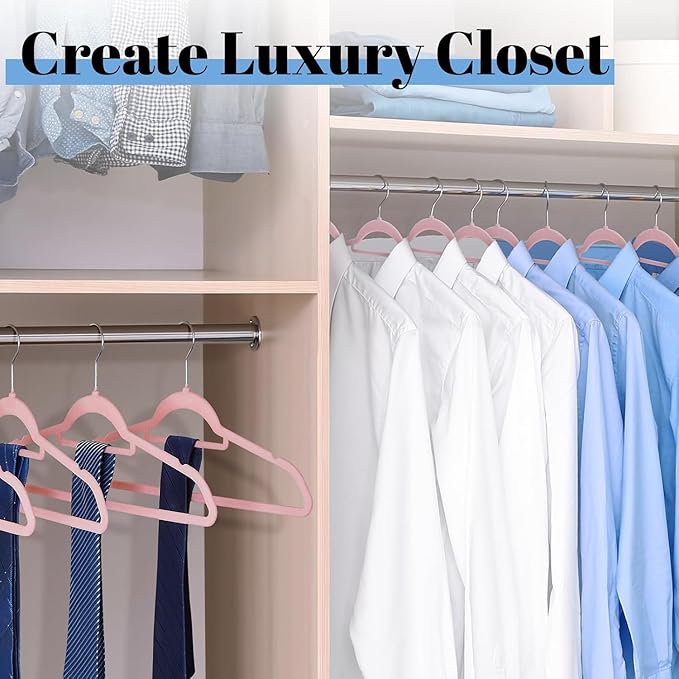 Smartor Pink Velvet Hangers 60 Pack, Space Saving Clothes Hangers with Tie Bar, Non-Slip Felt Hangers with Shoulder Notches, Heavy Duty Suit Hangers for Coat, Shirt, Pants, Dress