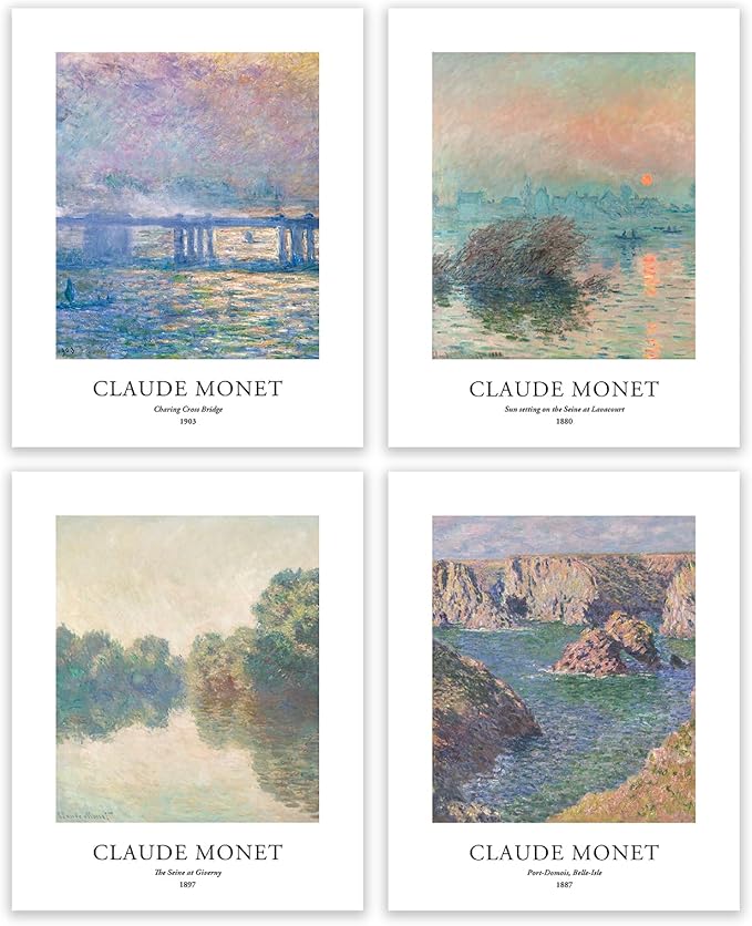 EVOLE HOME Claude Monet Art Prints, Set of 4 Wall Art, Unframed 8x10 Art Prints, Giclée Prints, Impressionism Art Poster for Home Decor, Office Wall Decor, Gift for Men, Women