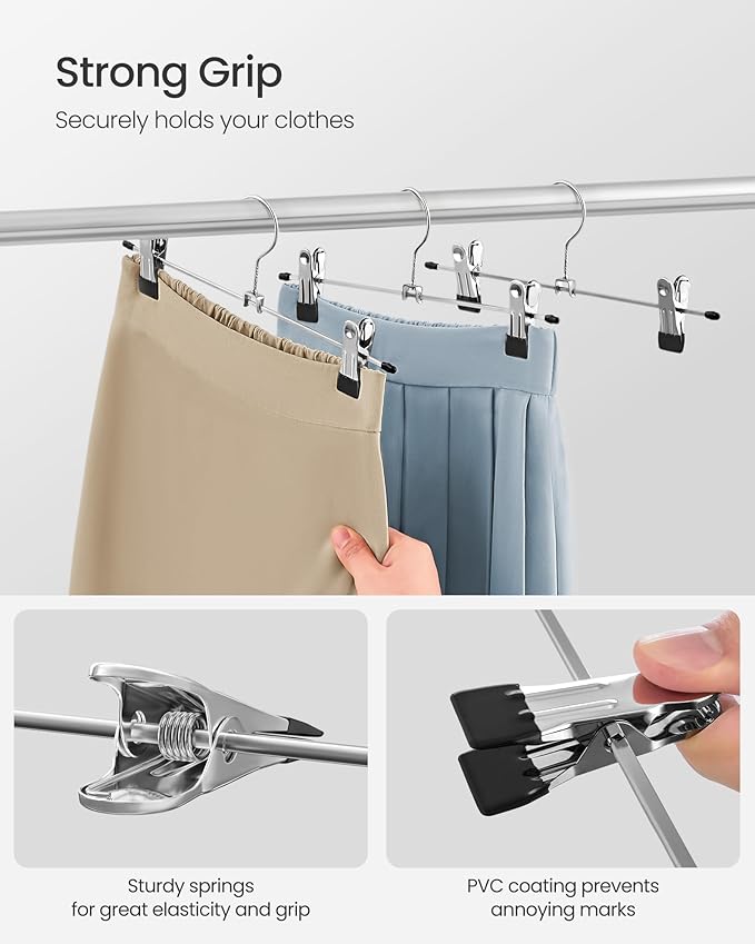 SONGMICS Pants Hangers, Set of 20, 1 Tier Non-Slip Skirt Hangers, Space Saving Pants Organizers, for Closet, Silver and Black UCRI003-20