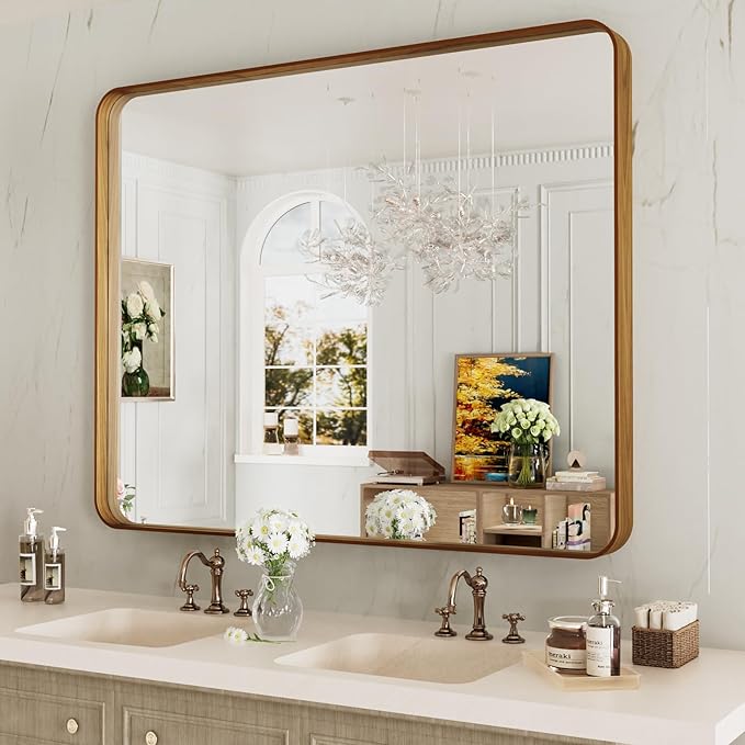 LOAAO 40X30 Inch Bathroom Mirror with Wood Grain Colored Metal Frame, Rounded Rectangle Metal Framed Bathroom Mirror, Anti-Rust, Hangs Horizontally or Vertically, Tempered Glass