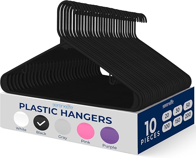 SereneLife Premium 10 Pack Plastic Hangers, Lightweight, Durable, Space Saving Clothes Organizers, Suitable for Shirts, Sweaters, Hoodies, Dresses, Kids Clothes, Good for Home Organization (Black)