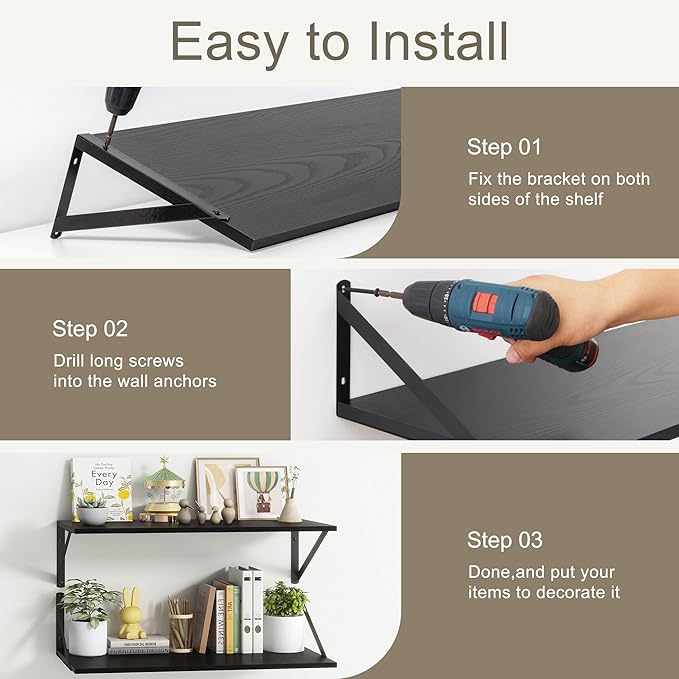 Fun Memories Black Floating Shelves 18 Inch Long, Rustic Floating Shelf with Brackets, 12 Inch Deep Wall Shelves, Black Bathroom Shelves, 18 x 12 Storage Shelf for Kitchen, Living Room, Set of 2