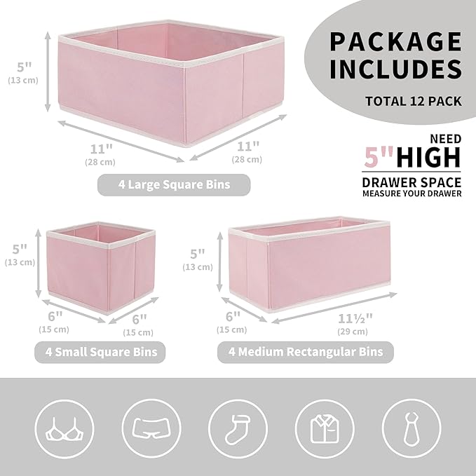 Cupic Cupid Drawer Organizer, Dresser Organizers, Foldabe Drawer Organizer Clothes, Closet Organization and Storage Dividers for Socks, Underwear and Diaper, Set of 12, Pink