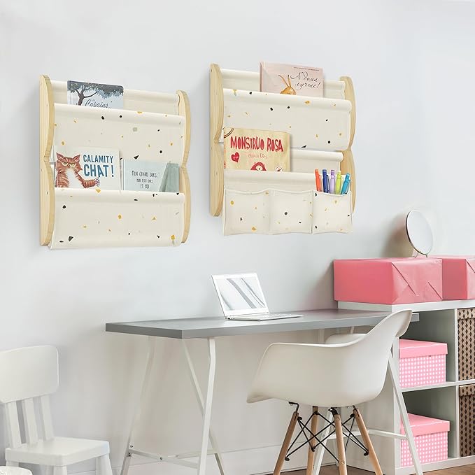 Wooden Wall Mounted Bookshelf for Kids Rooms, 4 Tier Floating Nursery Book Shelf, Kids Bookshelf with 2 Pockets, Toddler Sling Book Rack with Deep Sleeves (Terrazzo)
