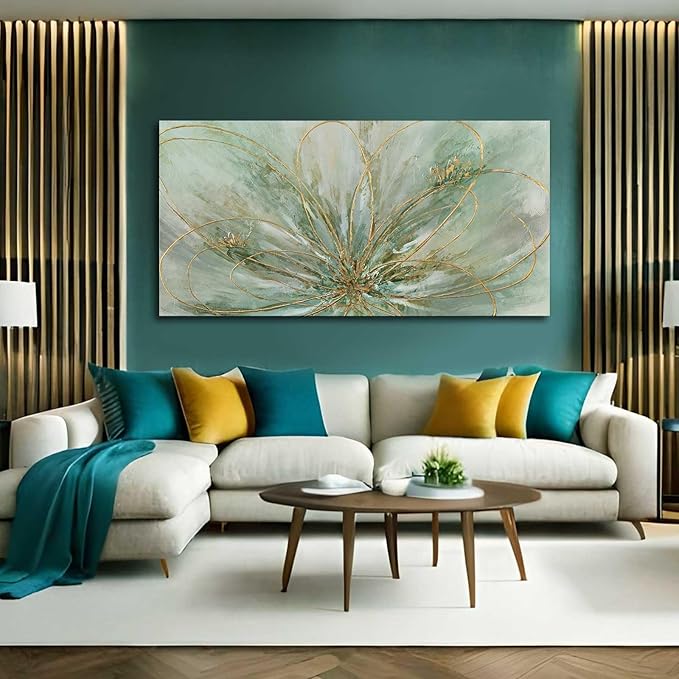 YJYart Green Flowers Canvas Wall Art Modern Paintings with Gold Foil Abstract Nature Wall Decorations for Home Office Living Room Bedroom 24" x 48"
