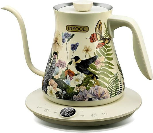 INFOOD 0.8L Gooseneck Electric Kettle, Precise Temperature Control for Pour Over Coffee & Tea, 1200W Fast Boiling Water, Auto Shut Off, Scheduling, Stainless Steel, Floral Painted Design