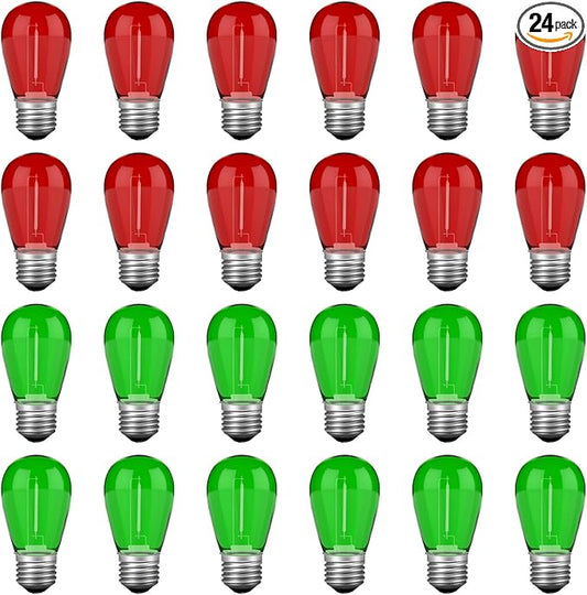 24 Pack Red Green S14 Christmas Light Bulbs, 1 Watt Plastic Shatterproof LED Replacement Bulbs for Indoor Outdoor Patio String Light, E26 Medium Base.