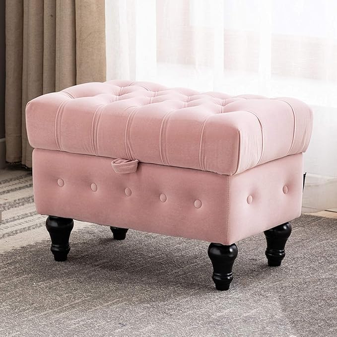 Artechworks Storage Coffee Table Ottoman, Button Tufted Velvet Upholstery Footstool Bed Ottoman for Living Room, Home Office, Space-Saving Storage Toy Box Stool, Pink