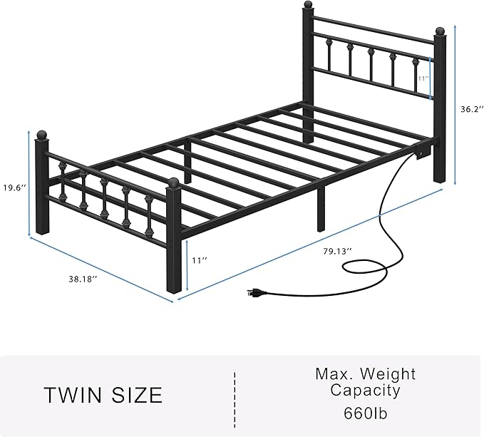 Full Bed Frame with Smart LED Lights, Storage Headboard and USB Charging Station,Heavy Duty Wooden Slats, No Box Spring Needed, Noise Free, Easy Assembly (Retro Black, Twin)