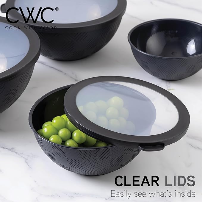 COOK WITH COLOR Mixing Bowls with Lids - 12 Piece Plastic Nesting Bowls Set includes 6 Prep Bowls and 6 Lids, Rhombus Design - Microwave Safe (Black)