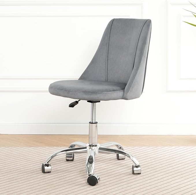 Furnimart 360° Swivel Rolling Desk Chair, Height Adjustable Vanity Chair with Silver Legs, Cute Task Chair with Wheels for Dorm Bedroom Studying Small Places (Velvet Gray)