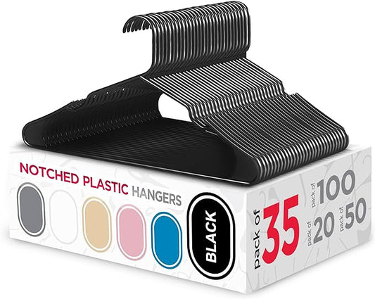 Sharpty Plastic Hangers, 35 Pack, Slim, Space Saving, Heavy Duty, Notched, Durable, Thick, Tough, Black
