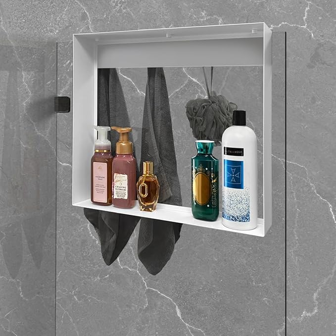 Hanging Shower Niche with Hooks and Shelf 20"x16" DIY No Drill Shower Organizer Lightweight Stainless Steel Easy Install in Matte White