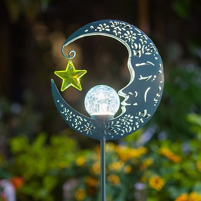 Outdoor Solar Lights Garden Decor for Patio,Lawn or Pathway Moon Decorations Crackle Glass Globe Stake Metal Lights Waterproof Warm LED Garden Gifts (Blue)