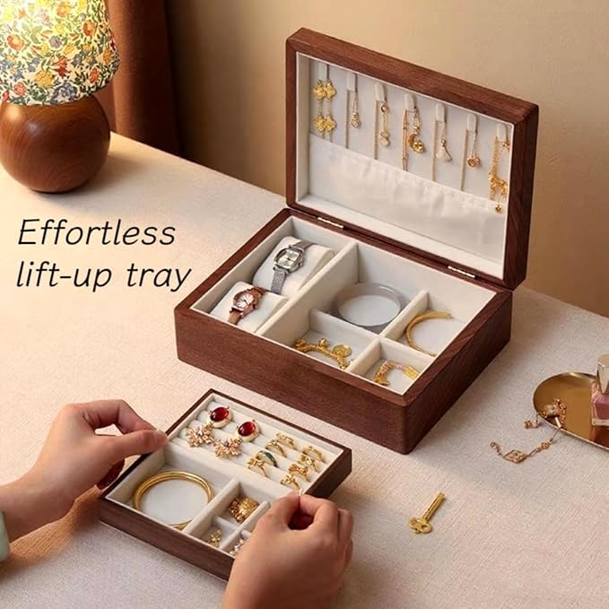 Bescott 2 Layer Solid Black Walnut Wooden Jewelry Box for Women Wood Vintage Organizer for Men Earrings Rings Necklaces Bracelet Watch Storage Mother's Day Gift