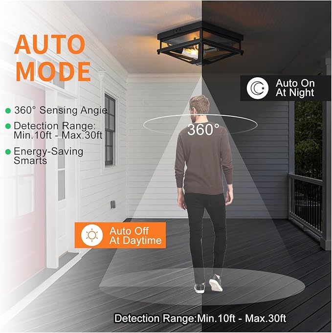 Motion Sensor Outdoor Flush Mount Ceiling Light, Modern Farmhouse Ceiling Lights with Clear Glass, Matte Black Industrial Iron Light Fixtures for Entryway Garage Hallway Patio Porch