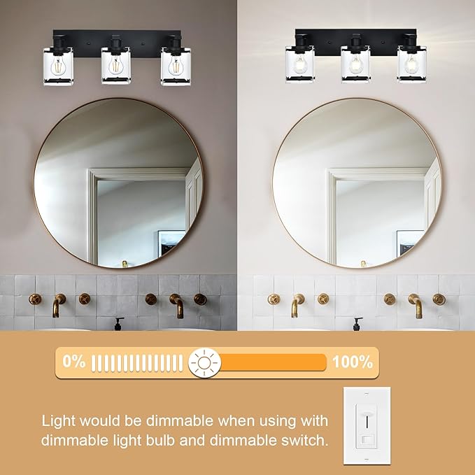 3-Light Black Bathroom Light Fixture Over Mirror, Vanity Wall Lighting with Rectangular Clear Glass, E26 Bulb Base