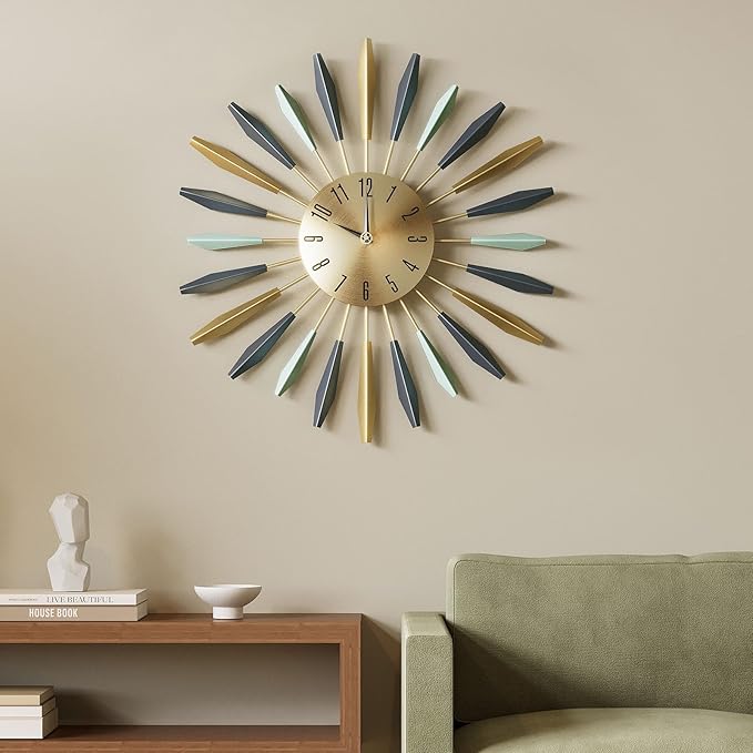 Mid Century Modern Wall Clock, Large Metal Decorative Clock Silent Battery Operated, Colorful Sunburst Starburst 28 Inch Wall Clocks for Living Room Kitchen Bedroom Office
