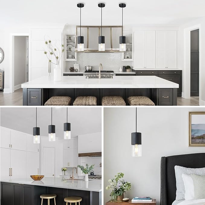 2-Pack Black Pendant Light Fixtures, Adjustable Modern Pendant Lights for Kitchen Island, Industrial Clear Glass Pendant Lights for Dining Table Hallway Bedroom Living Room