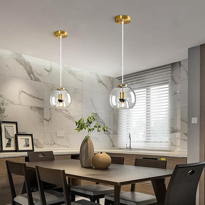 Clear Glass Pendant Light Fixture Kitchen Island Gold Hanging Light Globe Modern Pendant Lighting for Kitchen, Bedroom & Dining Room (7.87", 1 Pack)