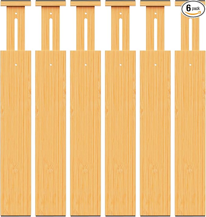 BAMBUROBA Bamboo Drawer Dividers, Adjustable Kitchen Drawer Organizer for Clothes,17-22" Expandable Drawer Organization Separators for Bedroom,Bathroom,Dresser and Office,6-Pack