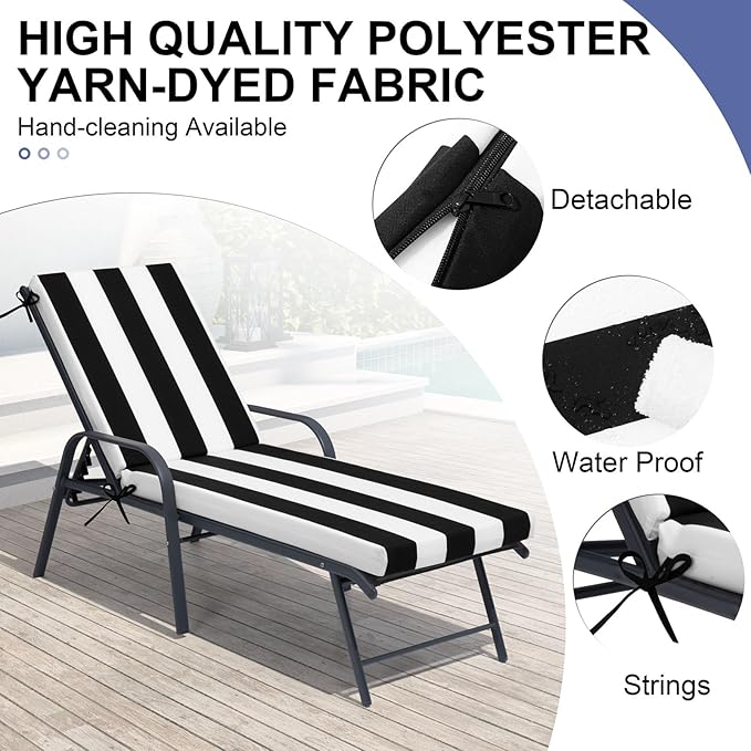 Crestlive Products Chaise Lounge Cushions Set of 2, Outdoor Cushions for Patio Furniture, Water Resistant Lounge Chair Cushion for Pool, Deck, Lawn, 72''L x 21''W, Black White Stripe