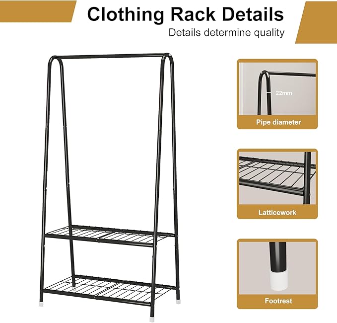 Buzowruil Metal Small Clothes Rack,Clothing Garment Rack with Double Layer Shelf for Clothes,Dress, Shoes,Black