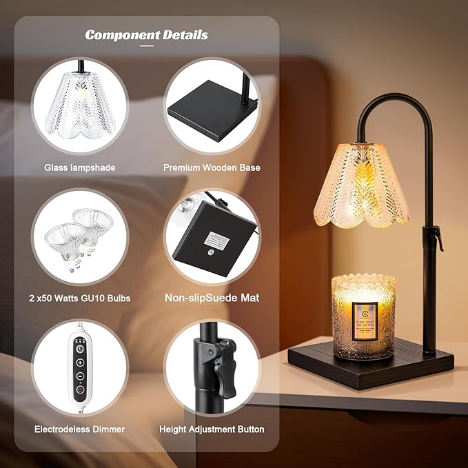 Golden Floral Candle Warmer Lamp with Timer & Dimmable Light - Adjustable Height Jar Candle Melter with Ebony Wooden Base, Home Decor Gift Set (Includes 2 Bulbs)