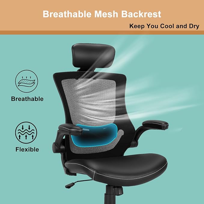 POWERSTONE Ergonomic Office Chair with Thickened Leather Seat, Mesh Desk Chair with Adjustable Headrest Lumbar Support and Flip-up Armrests for Home, Office, Study