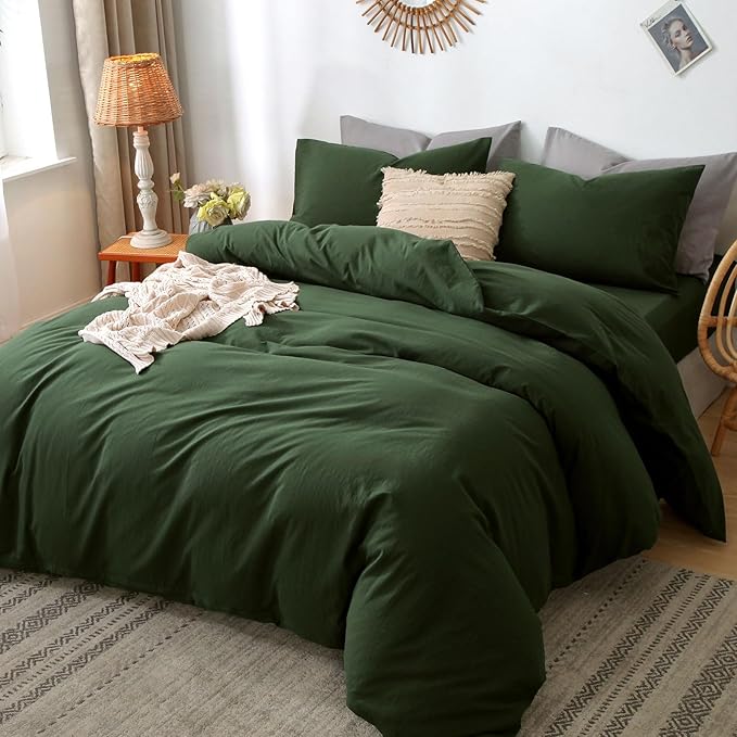 MooMee Bedding Duvet Cover Set 100% Washed Cotton Linen Like Textured Breathable Durable Soft Comfy (Solid Forest Green, Alaska King 132"x120")