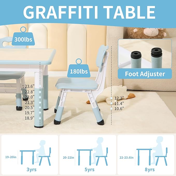 Toddler Table and Chairs, Kids Table and 4 Chairs Set with Graffiti Desktop, Height-Adjustable Kids Study Table for Boys and Girls Aged 3-8, Max 300lbs