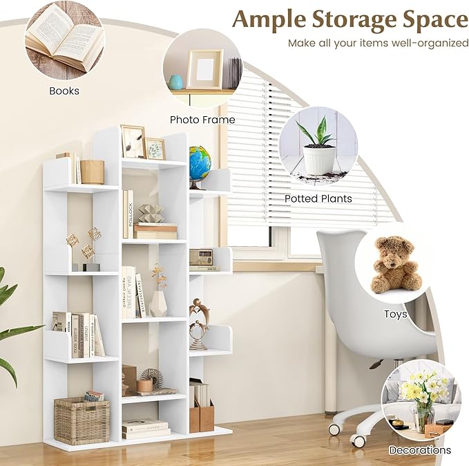 Tangkula White Tree Bookshelf, Freestanding Corner Storage Organizer with 13 Open Shelves, Decorative Display Cube Shelf for Living Room, Study, Office, 34 x 9.5 x 55.5 Inch (1, White)