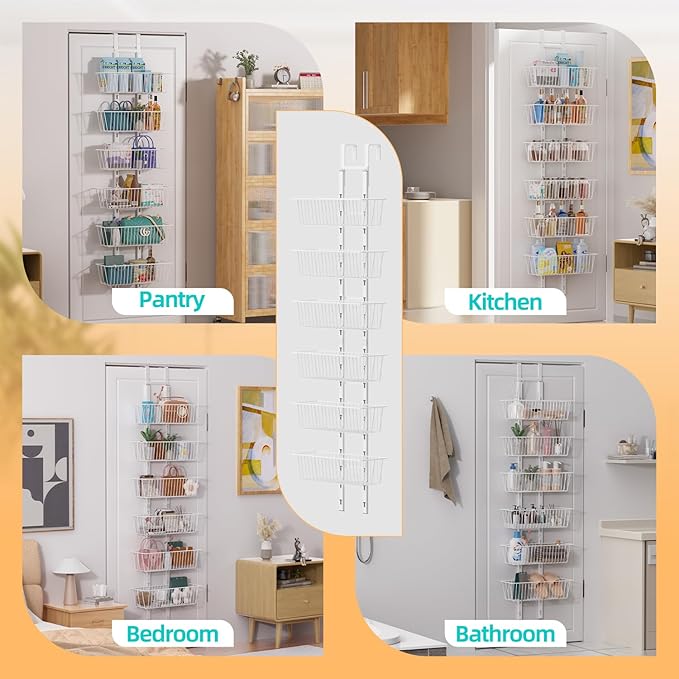 6 Tier Over the Door Pantry Organizer, Foldable Metal Over the Door Hanging Spice Rack with 6 Baskets, Adjustable Hanging Storage Rack for Kitchen, Bedroom, Laundry Room, Bathroom Essentials, White