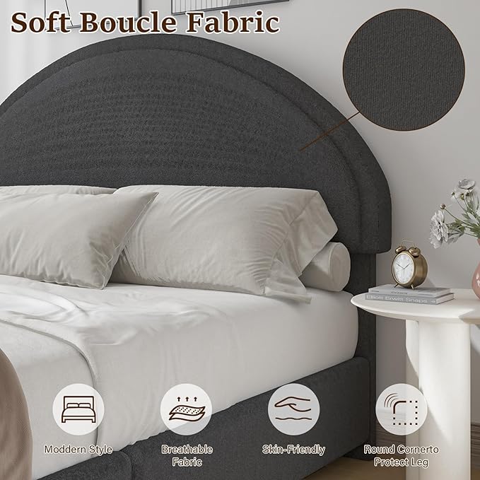 Full Size Bed Fram, Upholstered Platform Bed with Headboard, Boucle Bed Frame with Round Conne, No Box Spring Required, Easy Assembly, Dark Grey