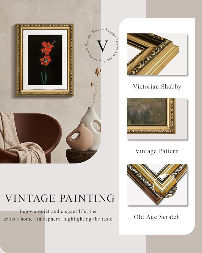 VIYYIEA Gold Framed Wall Art Canvas Print Home Decor Red Flower Wall Art Black Background Floral Scenic Oil Painting Aesthetic Wall Decor Modern Wall Pictures for Bedroom Bathroom and Office 11x14in