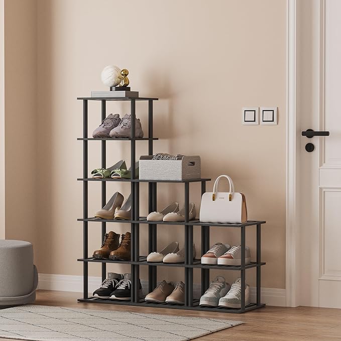 6-Tier Free Standing Shoe Racks, Bamboo Wood Shoe Rack for Entryway & Closet, Beautiful | Natural | Functional | Sturdy Shoe Rack Small Shoe Shelf for Small Spaces and Narrow Spaces Black
