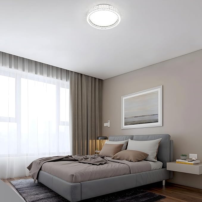 LamQee Crystal Flush Mount Ceiling Light Fixture, Dimmable LED Modern Close to Ceiling Light, Hallway Light Fixtures Round Ceiling Chandelier for Bedroom Kitchen Bathroom Closet Dining Room 17.72 inch