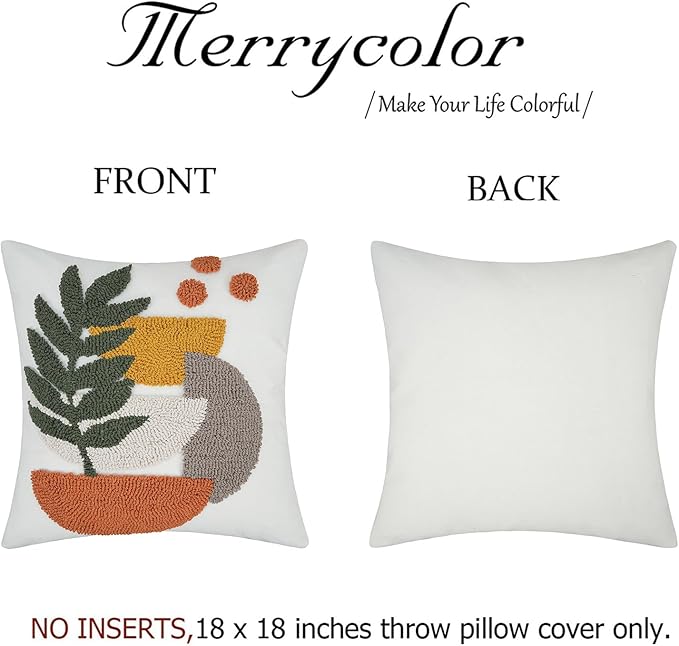 Merrycolor Boho Decorative Throw Pillow Covers Abstract Tufted Mid Century Modern Throw Pillows Green Leaf Sun Aesthetic Textured Pillow Cover Decorative Throw Pillows for Bed Couch Sofa,18x18