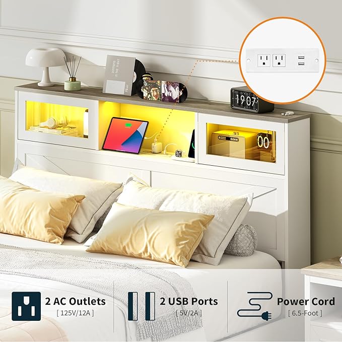 Yoobure Farmhouse Full Size Bed Frame with Headboard, Full Bed Frame with Charging Station & LED Lights, Platform Beds with 2 Storage Drawer, Wood Bedframe, Noise Free, No Box Spring Needed, White