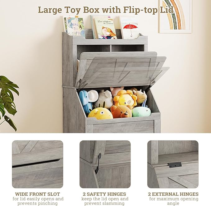 Spacious 3-tier Wooden Kids Bookcase and Toy Storage Organizer with Flip-Top Lid, Versatile Design for Playroom, Bedroom, Nursery, and Kindergarten - Child-Friendly Toy Chest Organizer