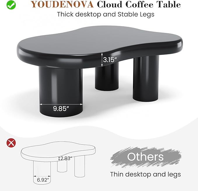 Coffee Table- Cloud Coffee Table, 38'' Wood Round Edge Tables with Unique Irregular Curves, Cute Center Tables for Living Room Apartment, Easy Assemble& Clean