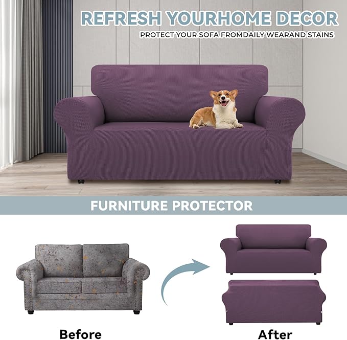 LURKA Stretch Loveseat Sofa Slipcovers 1 Piece Couch Covers for Sofa Furniture Protector Full Sofa Covers with Elastic Bottom for Kids and Dog (Medium,Purple)