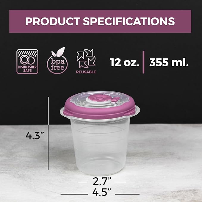 12 oz Plastic Soup Freezer Containers With Lids Reusable, Airtight Microwave Food Storage Container For Meal Prep Home-Made Soup To Go, Dishwasher Safe, Steam Vent Lids BPA-Free - 1.5 Cup - Set of 4
