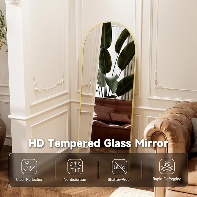 Arched Full Length Mirror 58"x19", Gold Tempered Glass Wall Hanging Mounted Body Length Mirrors with Stand, Large Floor Aluminum Alloy Thin Frame